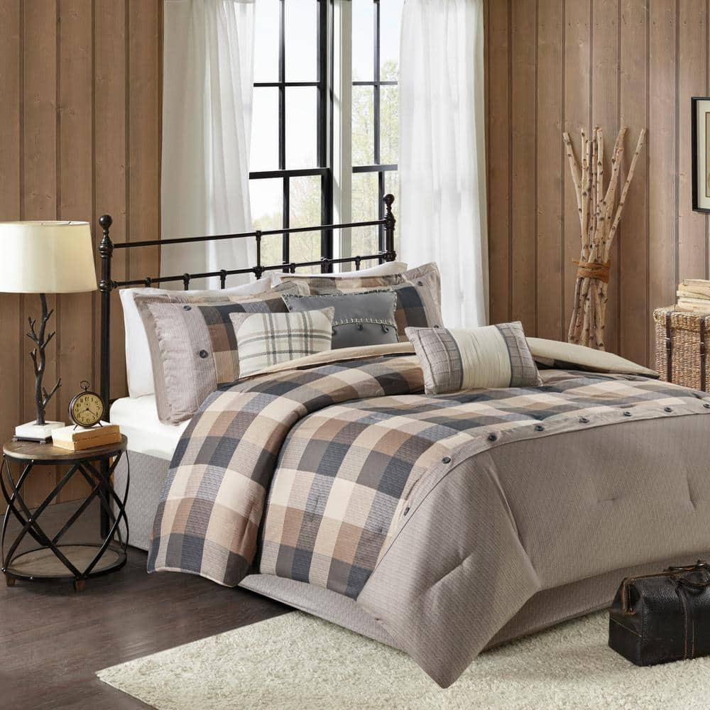 Pioneer 7-Piece Neutral Plaid Polyester Queen Herringbone Comforter Set