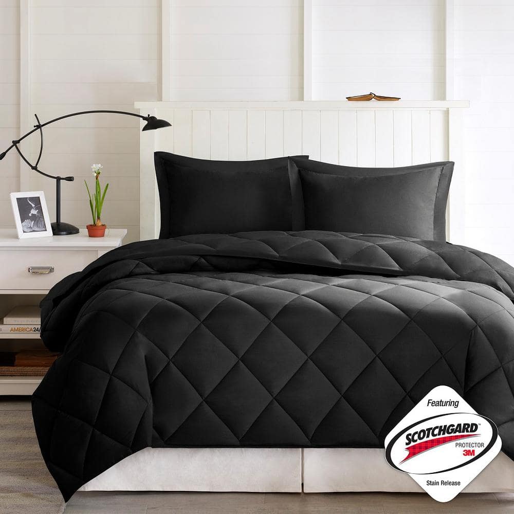 Windsor 3-Piece Black/Black Full/Queen 3M Scotchgard Diamond Quilting Reversible Down Alternative Comforter Set