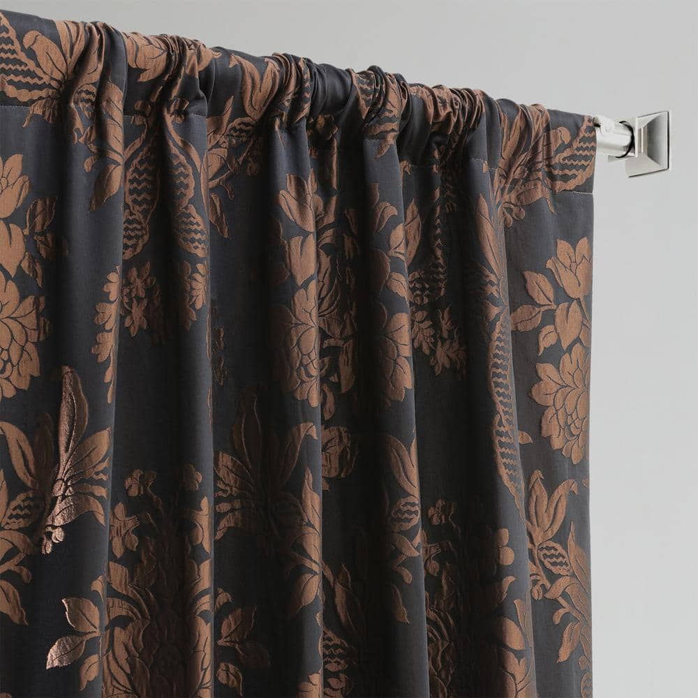 Magdelena Black/Copper Jacquard Faux Silk Rod Pocket Room Darkening Curtain – 50 in. W x 96 in. L Single Window Panel