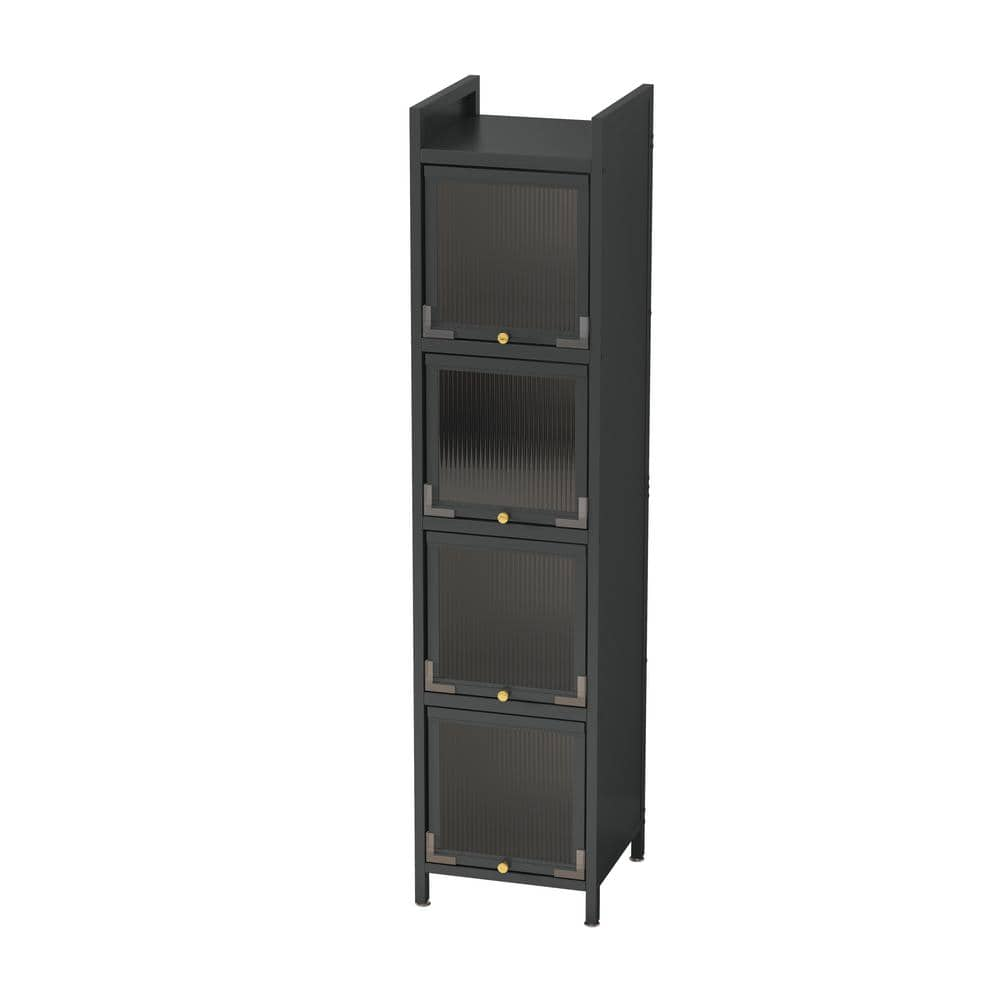 13.8 in. W x 14.2 in. D x 59.8 in. H Black Iron Freestanding Cabinet with 4 Glass Door and Lockable Wheels