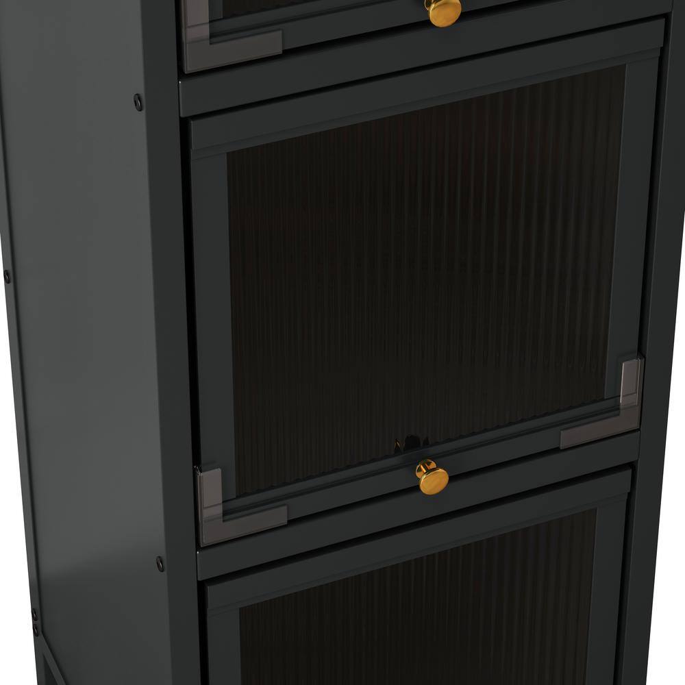 13.8 in. W x 14.2 in. D x 47.2 in. H Black Iron Freestanding Cabinet with 4 Glass Door and Lockable Wheels