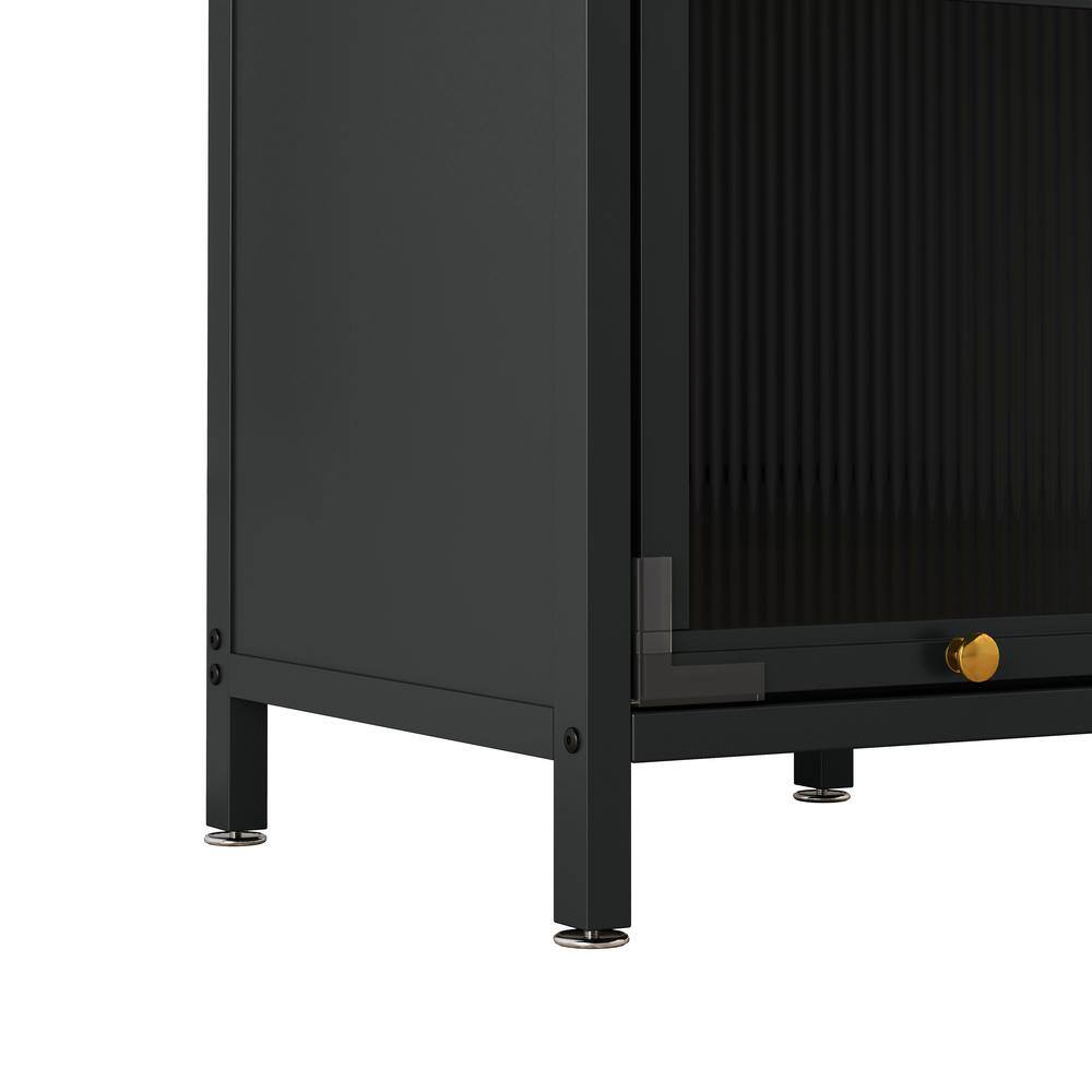 13.8 in. W x 14.2 in. D x 47.2 in. H Black Iron Freestanding Cabinet with 4 Glass Door and Lockable Wheels