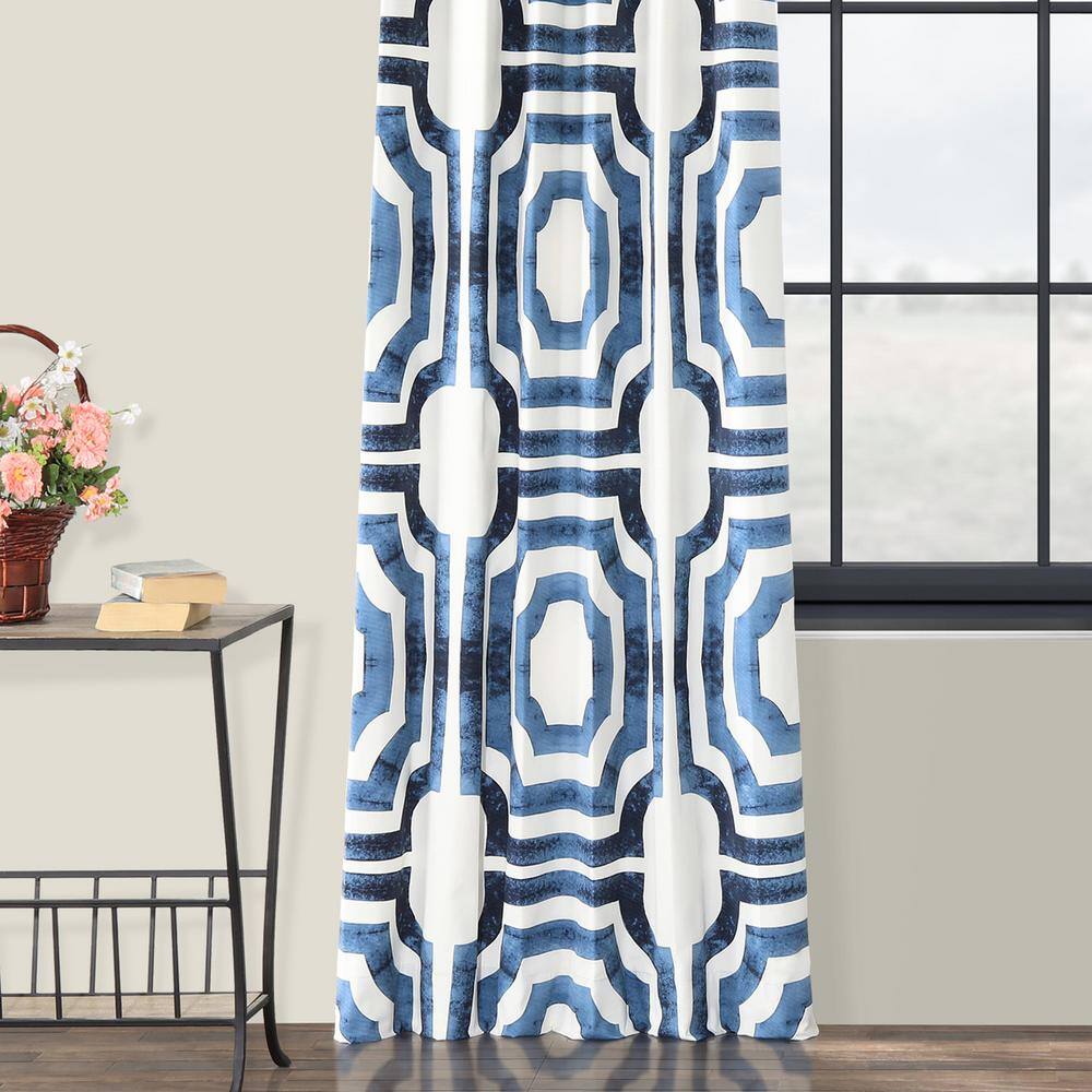 Mecca Blue Printed Room Darkening Curtain – 50 in. W x 84 in. L Rod Pocket with Back Tab Single Window Panel