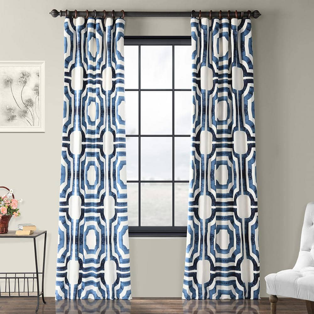 Mecca Blue Printed Room Darkening Curtain – 50 in. W x 84 in. L Rod Pocket with Back Tab Single Window Panel