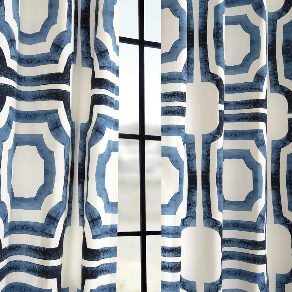 Mecca Blue Grommet Printed Room Darkening Curtain – 50 in. W x 96 in. L Single Window Panel