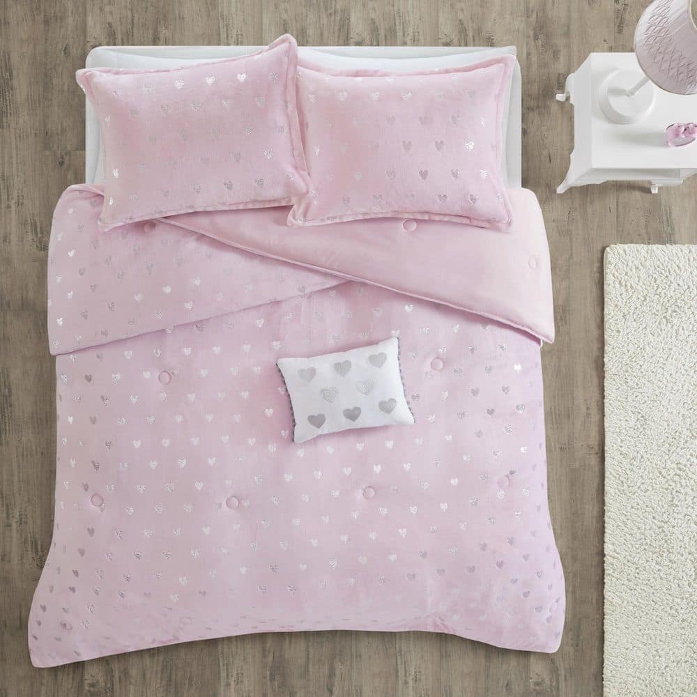 Jenna 3-Piece Pink/Silver Twin/Twin XL Metallic Printed Plush Comforter Set