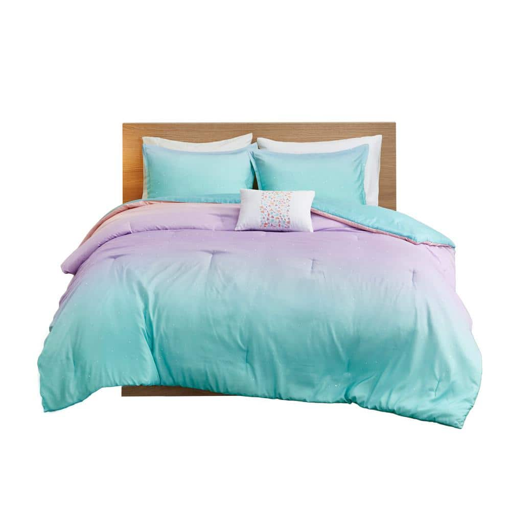 Sparkle 4-Piece Aqua Full/Queen Metallic Glitter Printed Reversible Comforter Set