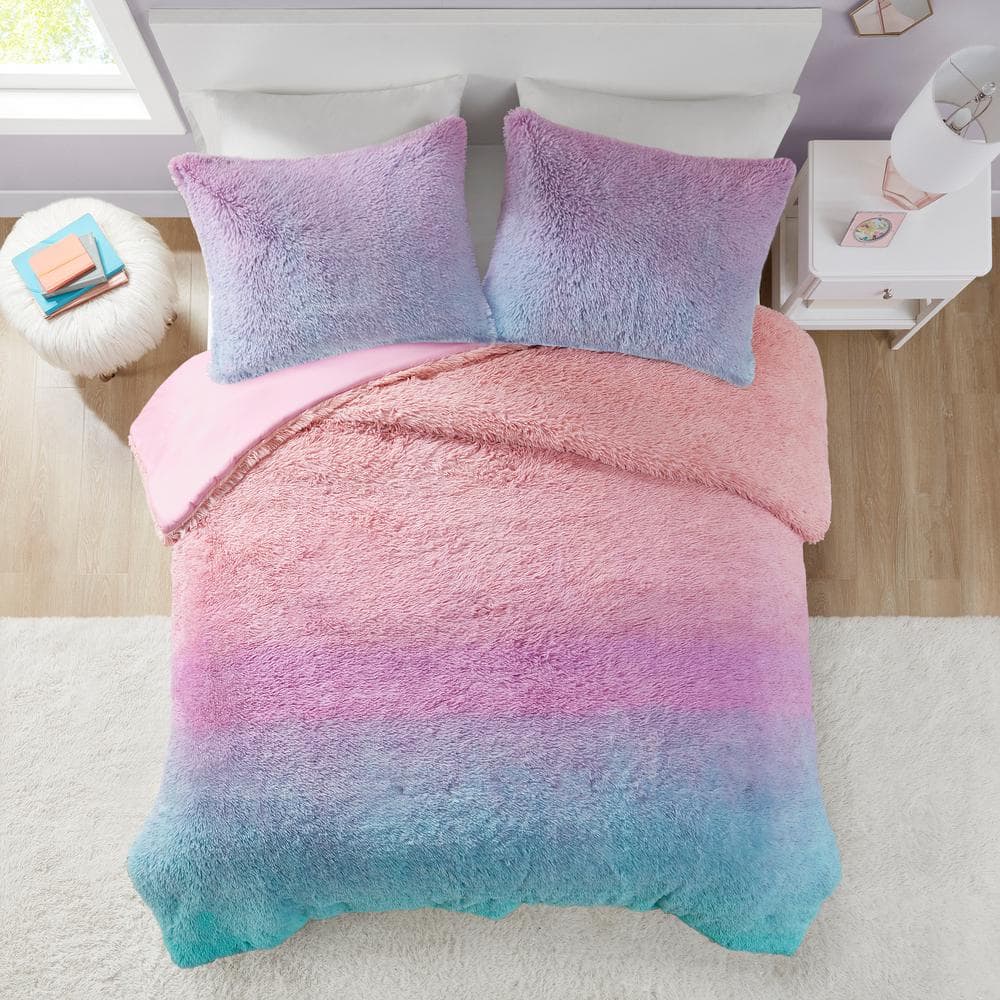 Talia 3-piece Purple Multi Full/Queen Ombre Shaggy Faux Fur Comforter Set