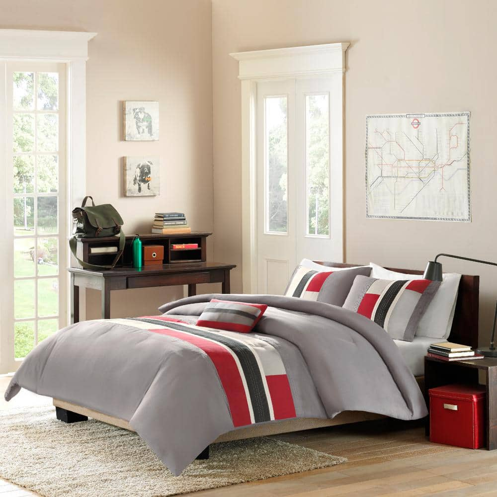 Switch 3-Piece Red Microfiber Twin/Twin XL Stripe Pieced Comforter Set