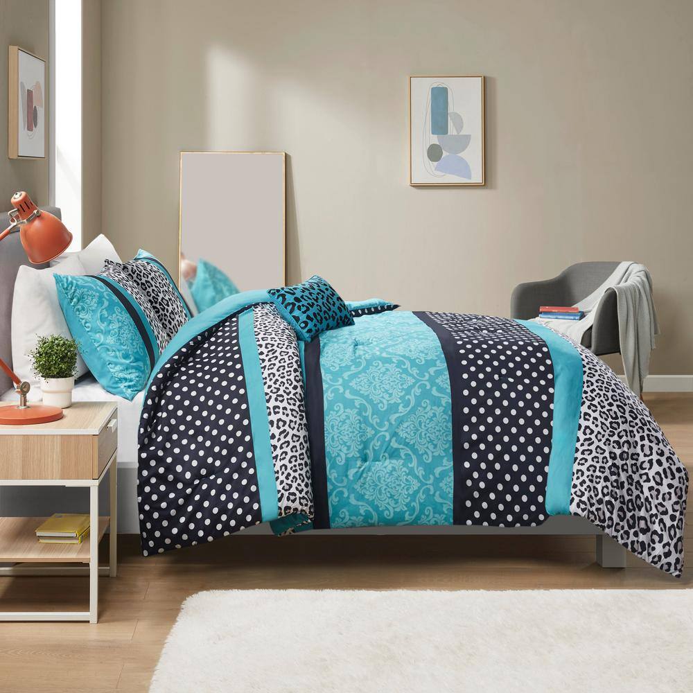 Camille 4-Piece Teal Microfiber Full/Queen Leopard Print Comforter Set