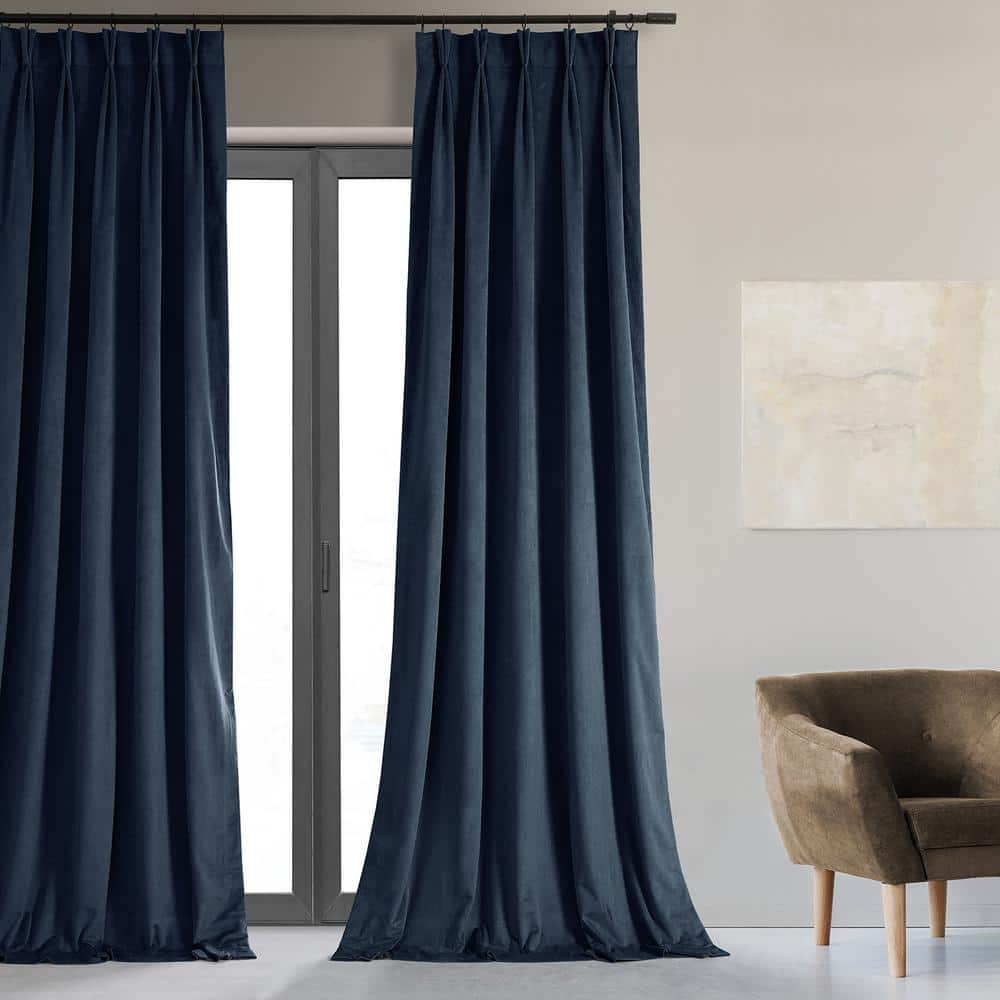 Midnight Blue Velvet Pinch Pleat Blackout Curtain – 25 in. W x 108 in. L (1 Panel)