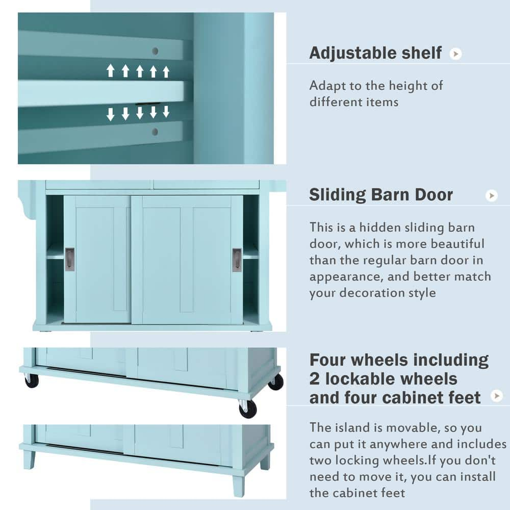 Kitchen Cart with Rubber Wood Drop-Leaf Countertop, Concealed Sliding Barn Door Adjustable Height