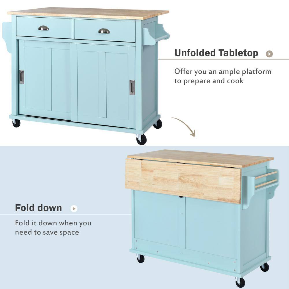 Kitchen Cart with Rubber Wood Drop-Leaf Countertop, Concealed Sliding Barn Door Adjustable Height