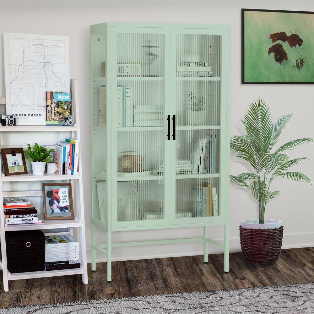 2 Glass Doors Pantry Organizer with Adjustable Shelves and Feet Cold Rolled Steel Sideboard in Mint Green