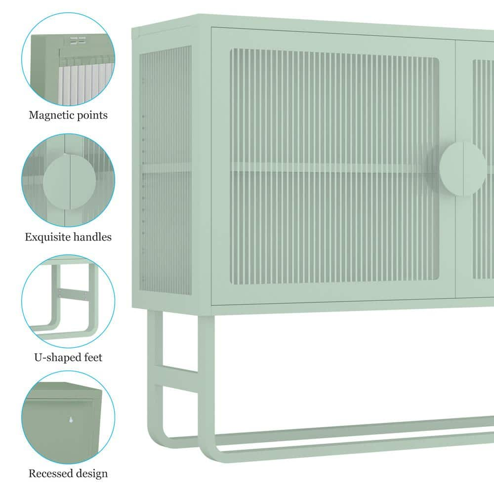 Double Tempered Glass Doors Mint Green Pantry Organizer with Adjustable Shelf