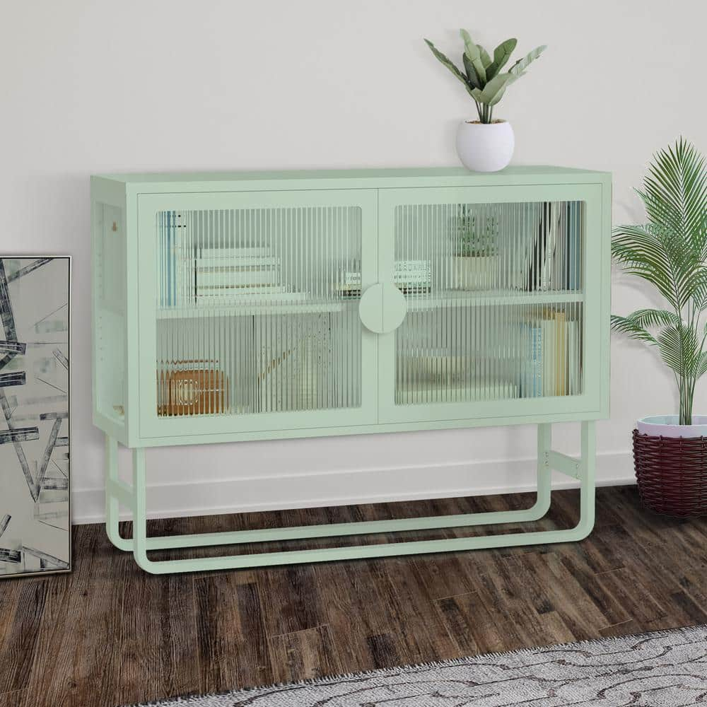 Double Tempered Glass Doors Mint Green Pantry Organizer with Adjustable Shelf