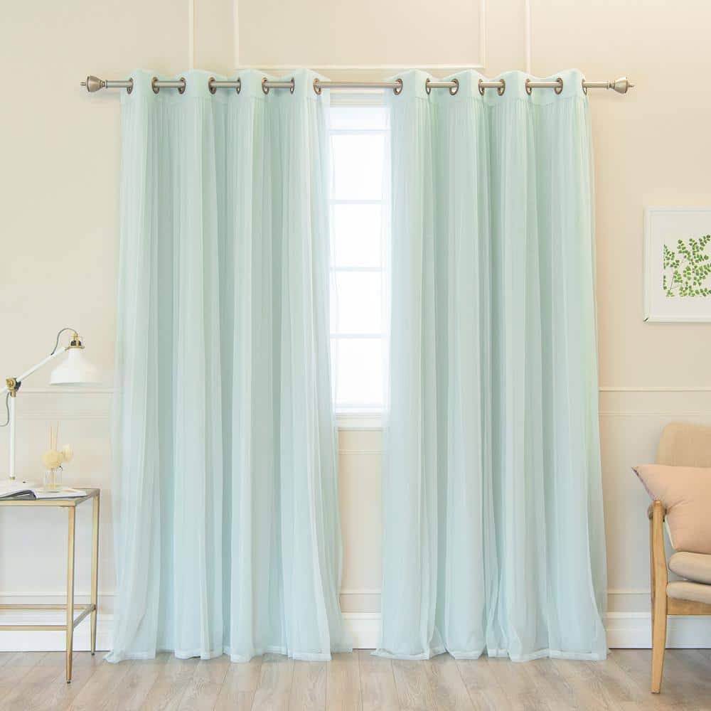 Mint Panels with Mint Tulle Polyester Solid 52 in. W x 84 in. L Grommet Blackout Curtain (Set of 2)