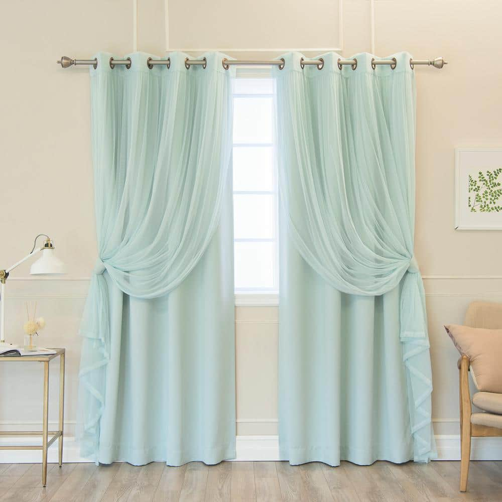 Mint Panels with Mint Tulle Polyester Solid 52 in. W x 84 in. L Grommet Blackout Curtain (Set of 2)