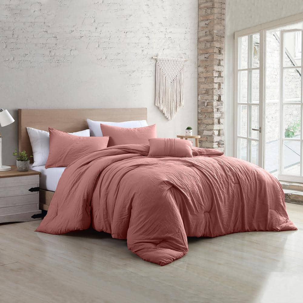 Beck 4-Piece Garment-Washed Dark Rose King Microfiber Comforter Set