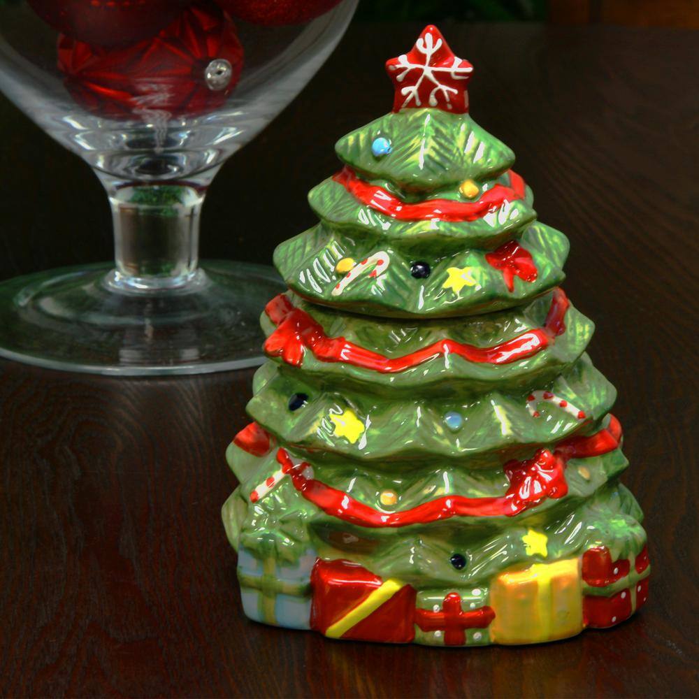 Mirthful Treats Earthenware Hand Painted Stoneware Christmas Tree Cookie Jar