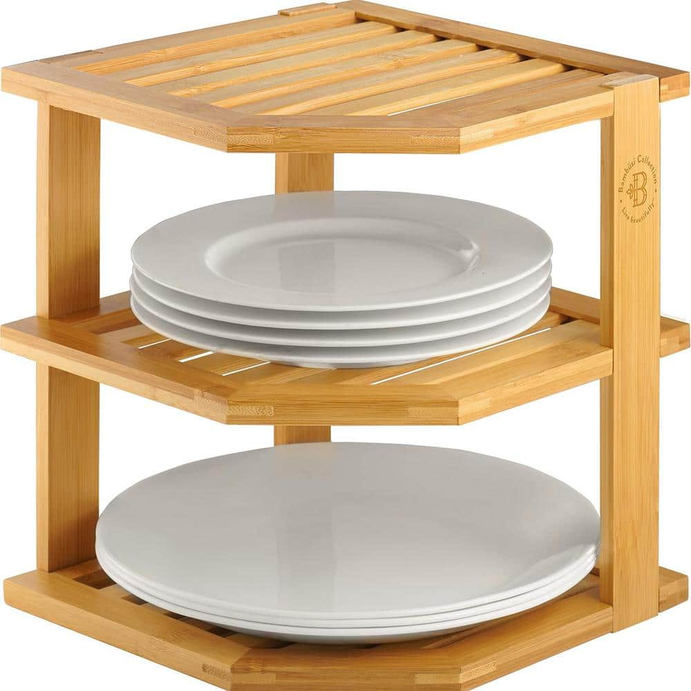 Natural 2-shelf Bamboo Kitchen Plate Organizer for Cabinet Space Saving, Corner Cabinet Organizer, Countertop