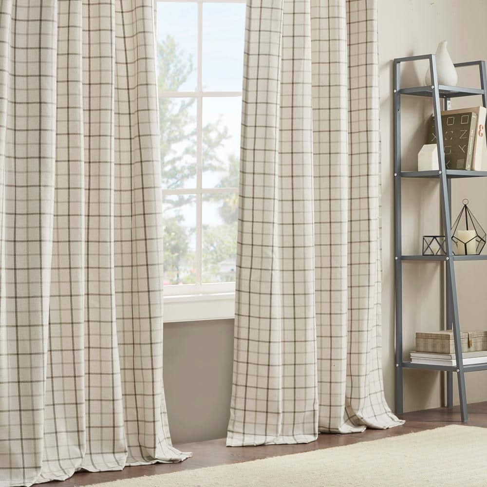 Salford Natural 50 in. W x 95 in. L Plaid Rod Pocket and Back Tab Curtain with Fleece Lining (Single Panel)