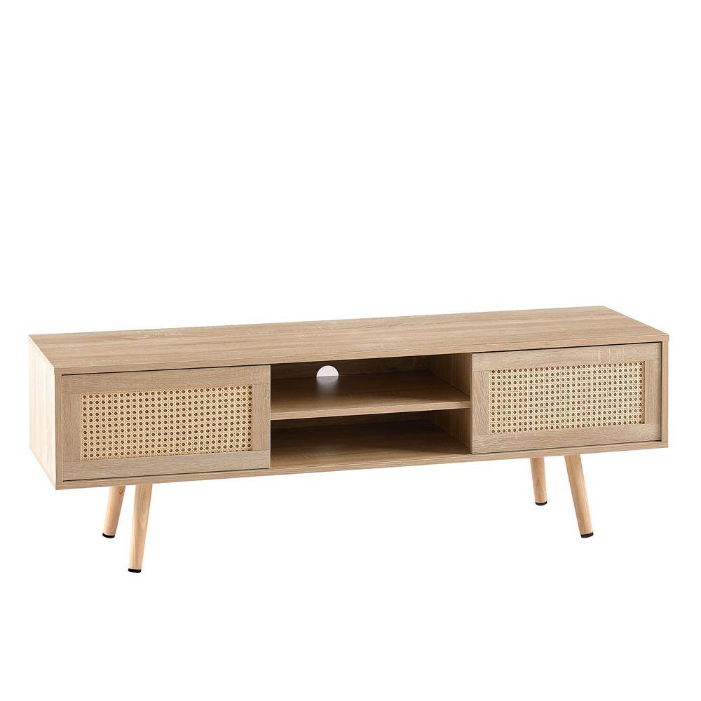 Natural 55.12 in. Rattan TV cabinet, double sliding doors for storage, adjustable shelf, solid wood legs