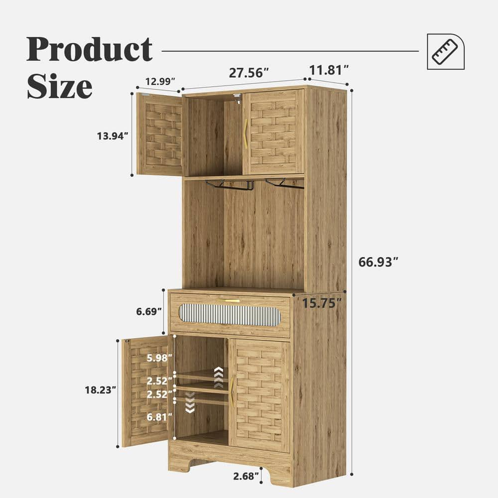 67 in. Tall Natural Wood Pantry Organizer Kitchen Pantry Storage Cabinet Hutch Cupboard Liquor Cabinet with Drawer