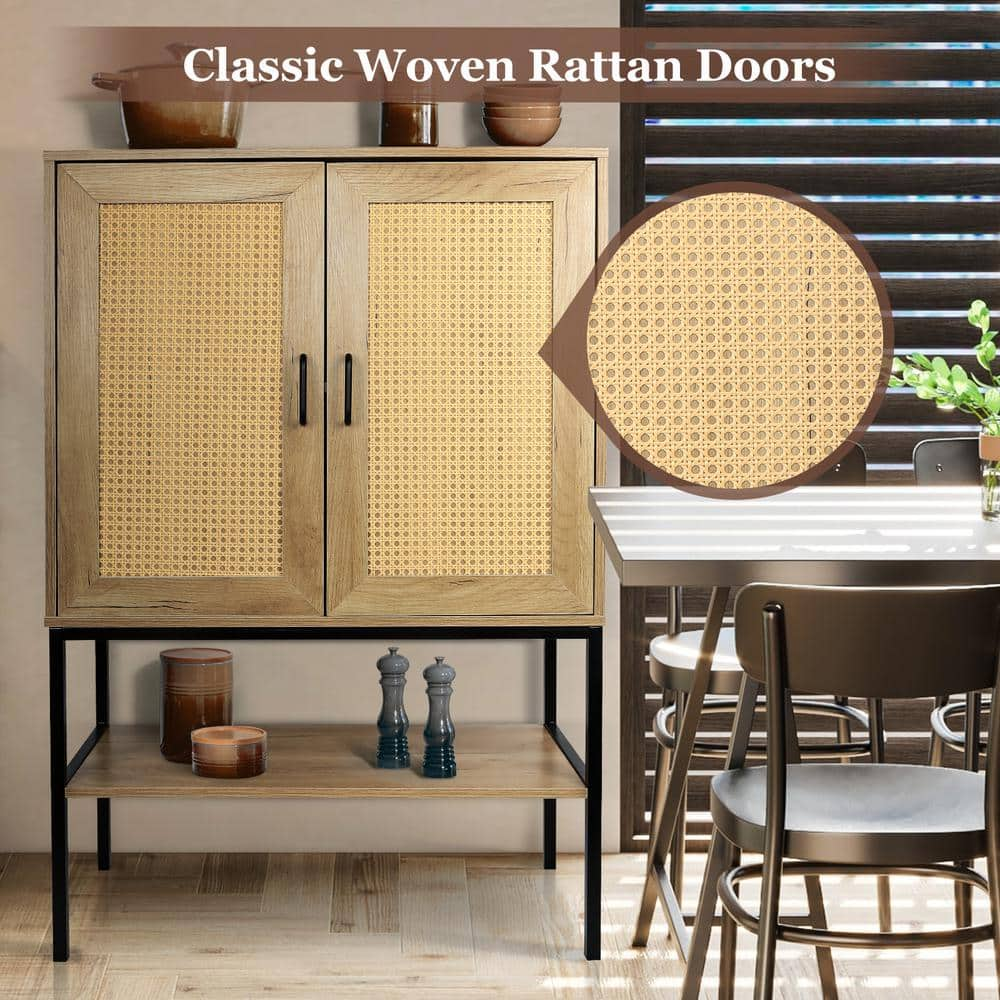 2 Rattan Doors Free Standing Sideboard Storage Cabinet with Bottom Shelf for Kitchen in Natural