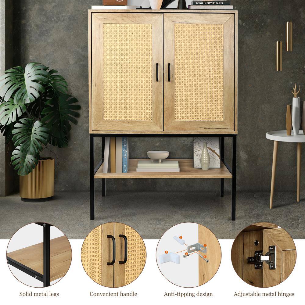 2 Rattan Doors Free Standing Sideboard Storage Cabinet with Bottom Shelf for Kitchen in Natural