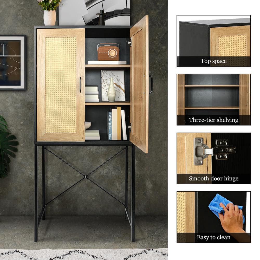 Elegant Cabinet with 2 Rattan Doors Kitchen Pantry Organizer with 3-Tier Shelving X-Shaped Supporting Bars