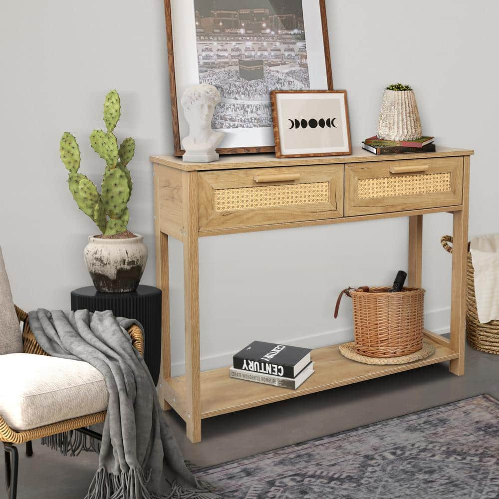 Natural Console Table with 2-Drawers, Sofa Table with open Storage Shelf, Narrow Accent Table with rattan design