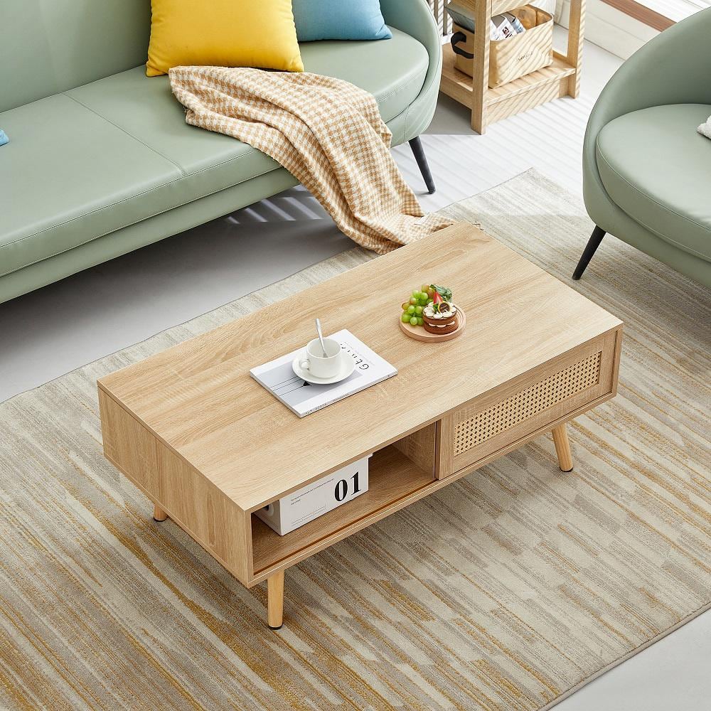 Natural 41.34 in. Rattan Coffee table, sliding door for storage, solid wood legs, Modern table for living room