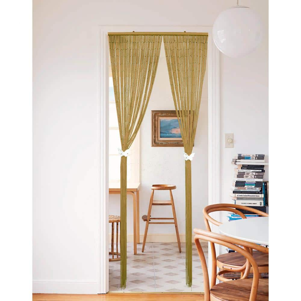 Beaded Natural Bamboo Curtain Door 65 Strings 35.5 in. W x 78.8 in. L Wall Mounted Light Filtering Sheer Curtain 1 Panel