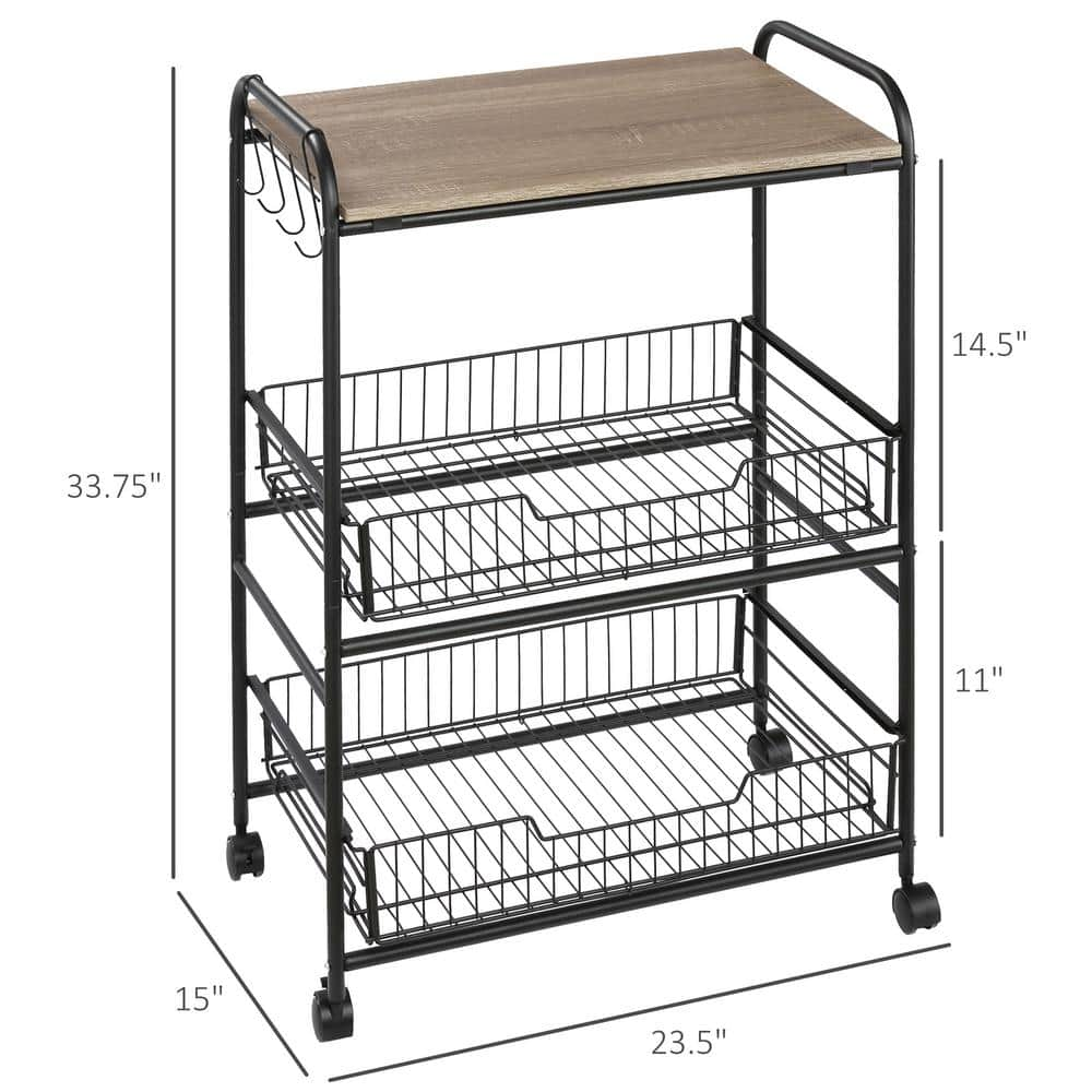 3-tier Rolling Cart, Slim Kitchen Cart with Wheels, 2 Sliding Baskets, Microwave Cart with Side Hooks