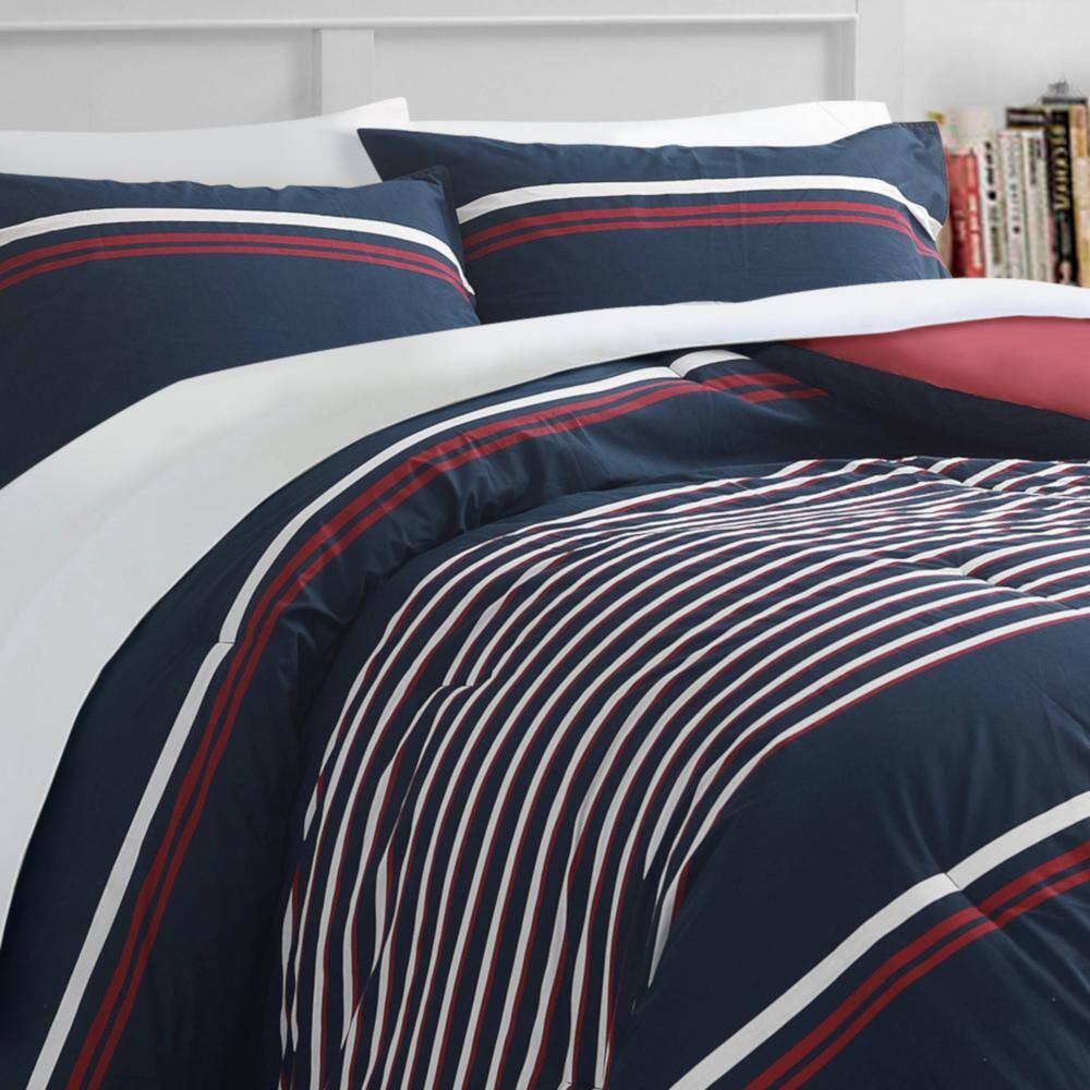 Mieola 3-Piece Navy Blue Striped Cotton Full/Queen Comforter Set