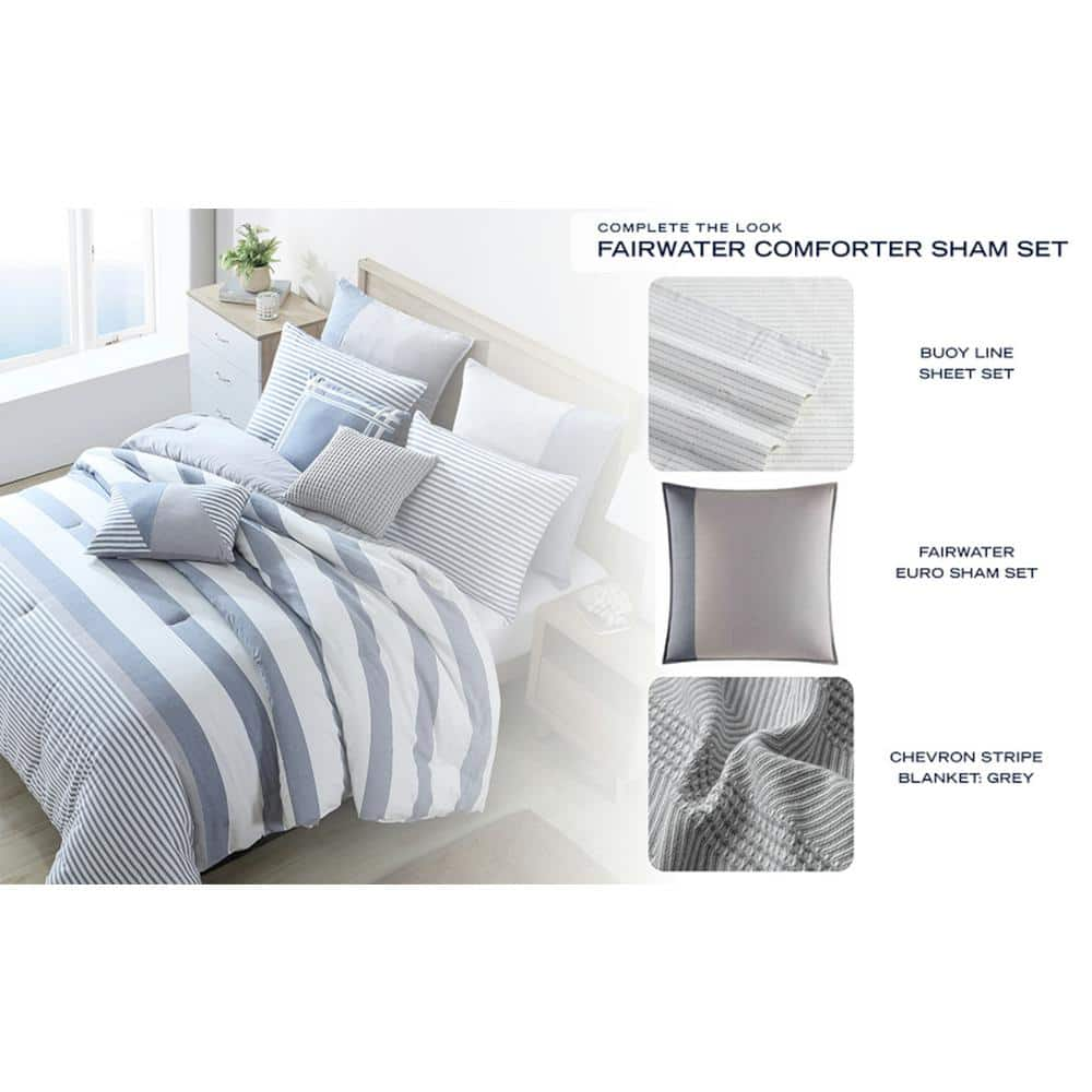 Fairwater 3-Piece Blue Striped Cotton Full/Queen Comforter Set