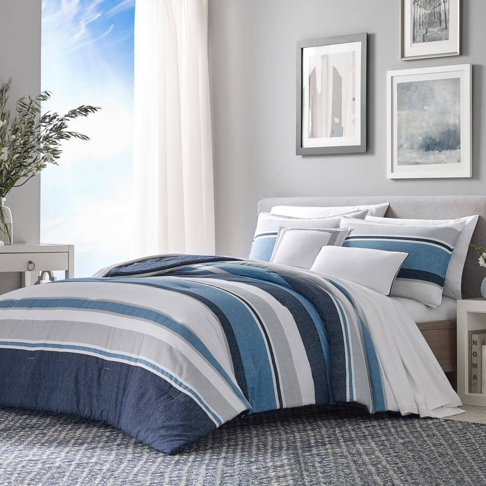 Westport 5-Piece Navy Blue Cotton Striped Full/Queen Comforter Bonus Set