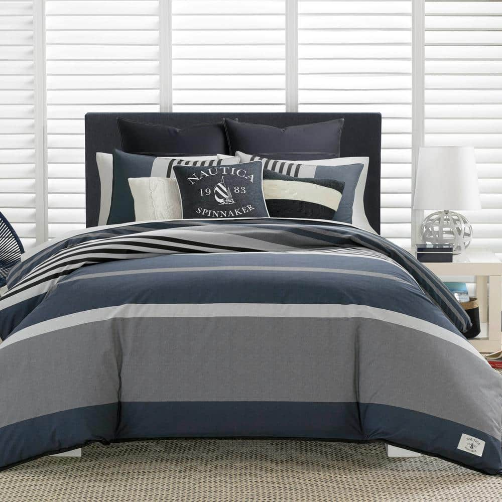 Rendon 3-Piece Charcoal Gray Striped Cotton Full/Queen Comforter Set