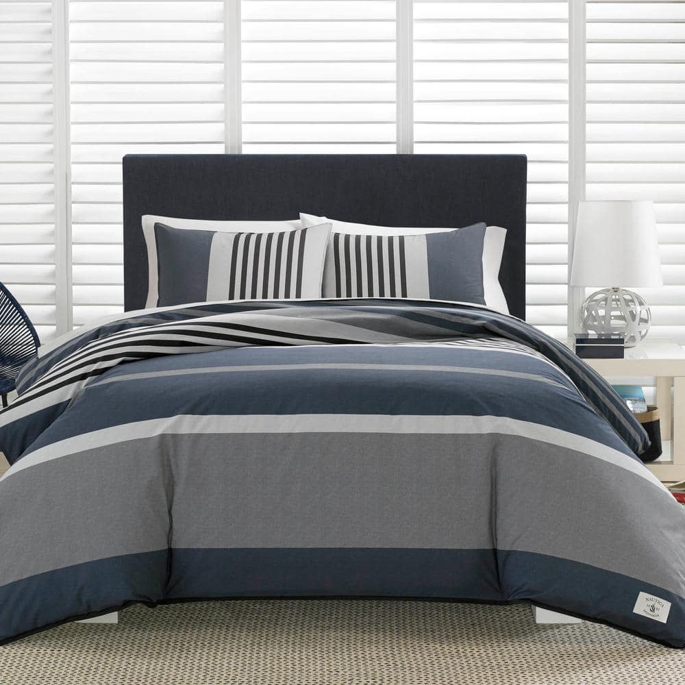 Rendon 3-Piece Charcoal Gray Striped Cotton Full/Queen Comforter Set