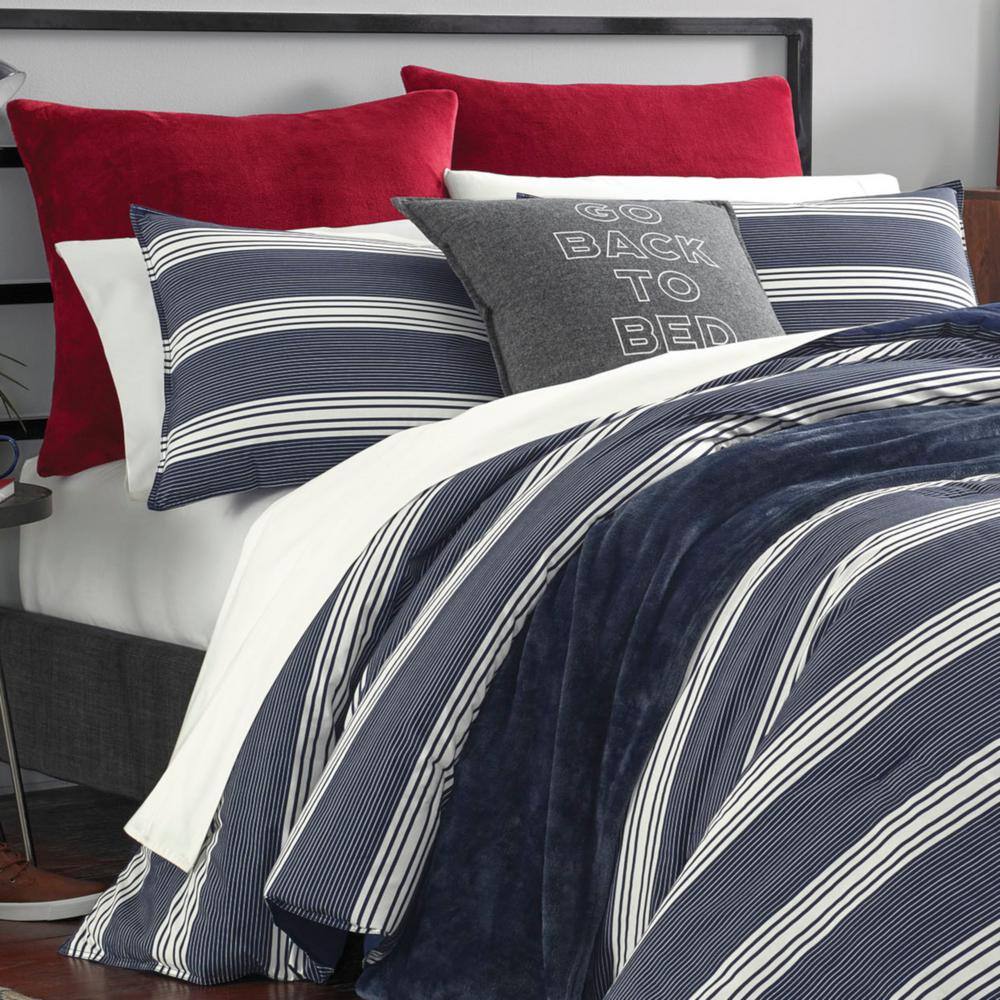 Craver 3-Piece Navy Blue Striped Cotton Full/Queen Comforter Set