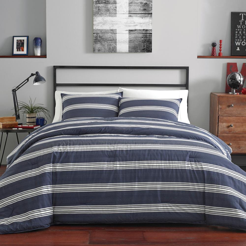 Craver 3-Piece Navy Blue Striped Cotton Full/Queen Comforter Set