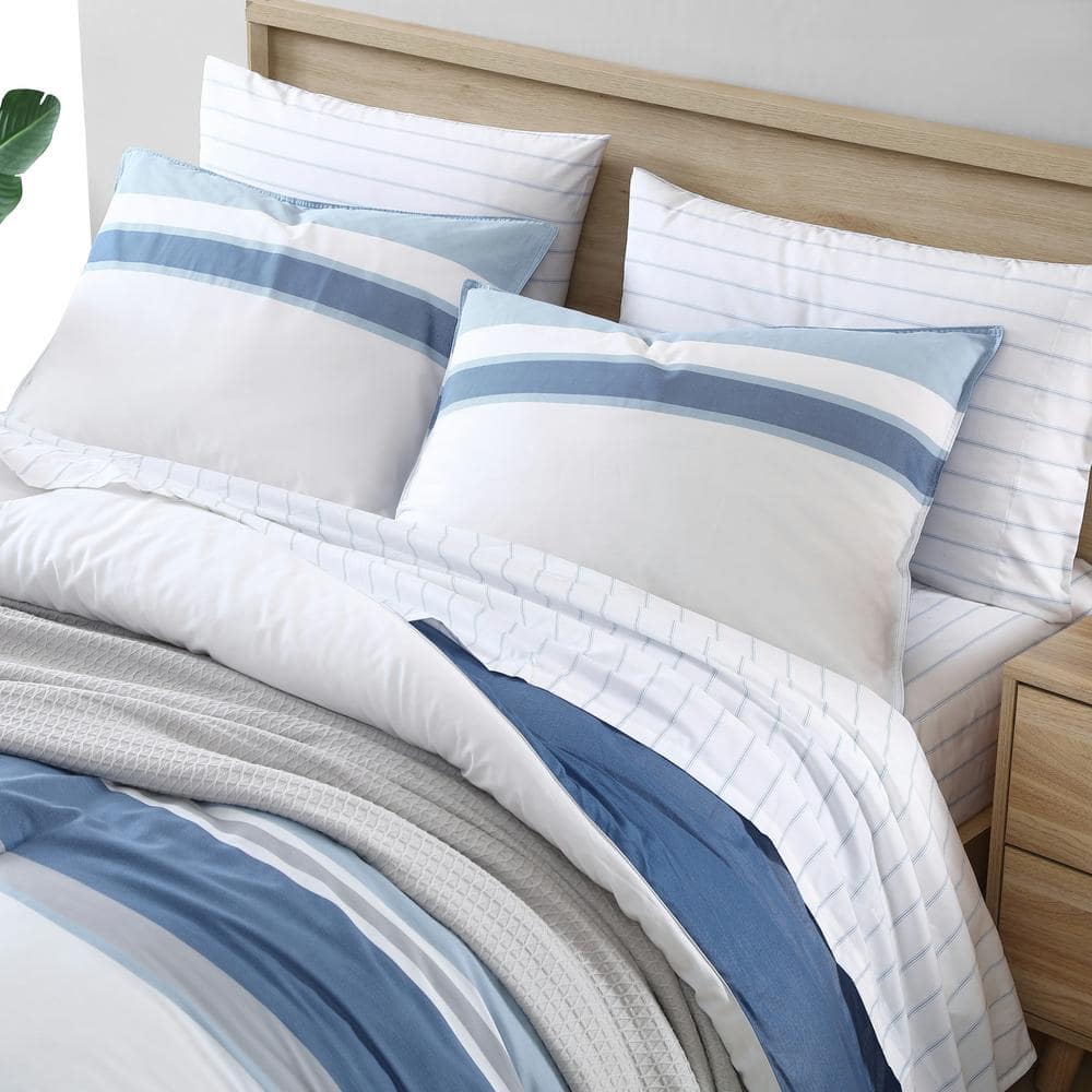 Trimmer 3-Piece Blue Striped Cotton Full/Queen Comforter Set