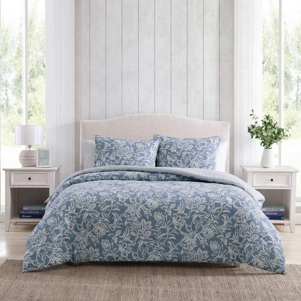 Tortola 3-Piece Blue Cotton Slub Full/Queen Comforter Set