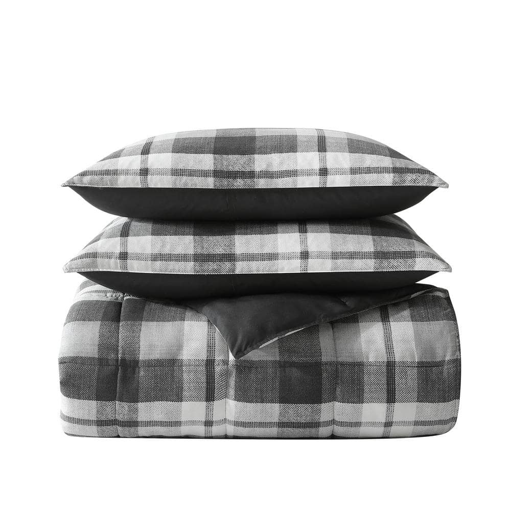 Crossview Plaid 3-Piece Charcoal Gray Microsuede Full/Queen Comforter Set