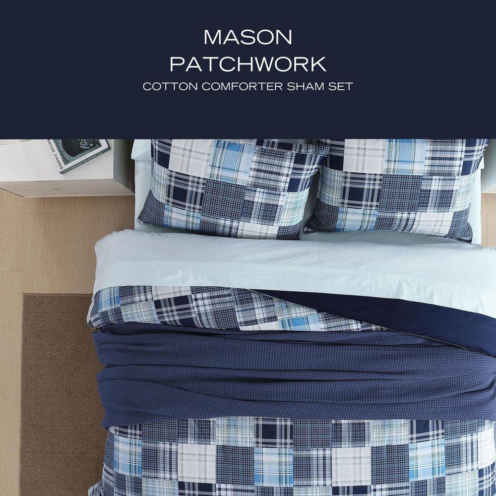 Mason Patchwork Blue/Green 3-Piece Plain Weave Cotton Full/Queen Reversible Comforter Sham Set