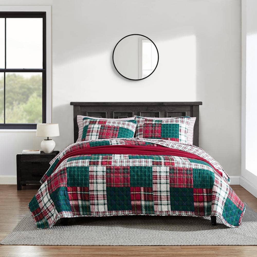 Emmet Patchwork 3-Piece Red Cotton Full/Queen Quilt Set