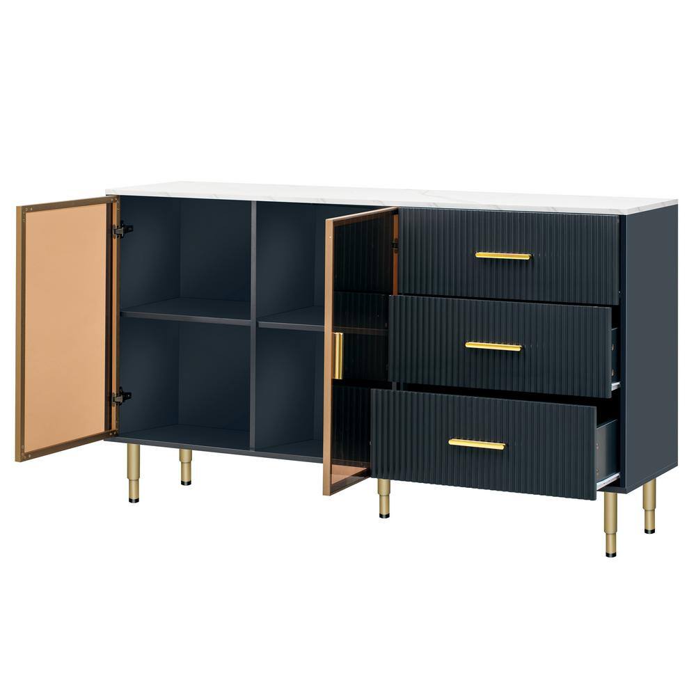 Navy Blue Wood Pantry Organizer Tempered Glass Doors and Gold Metal Legs, Handles