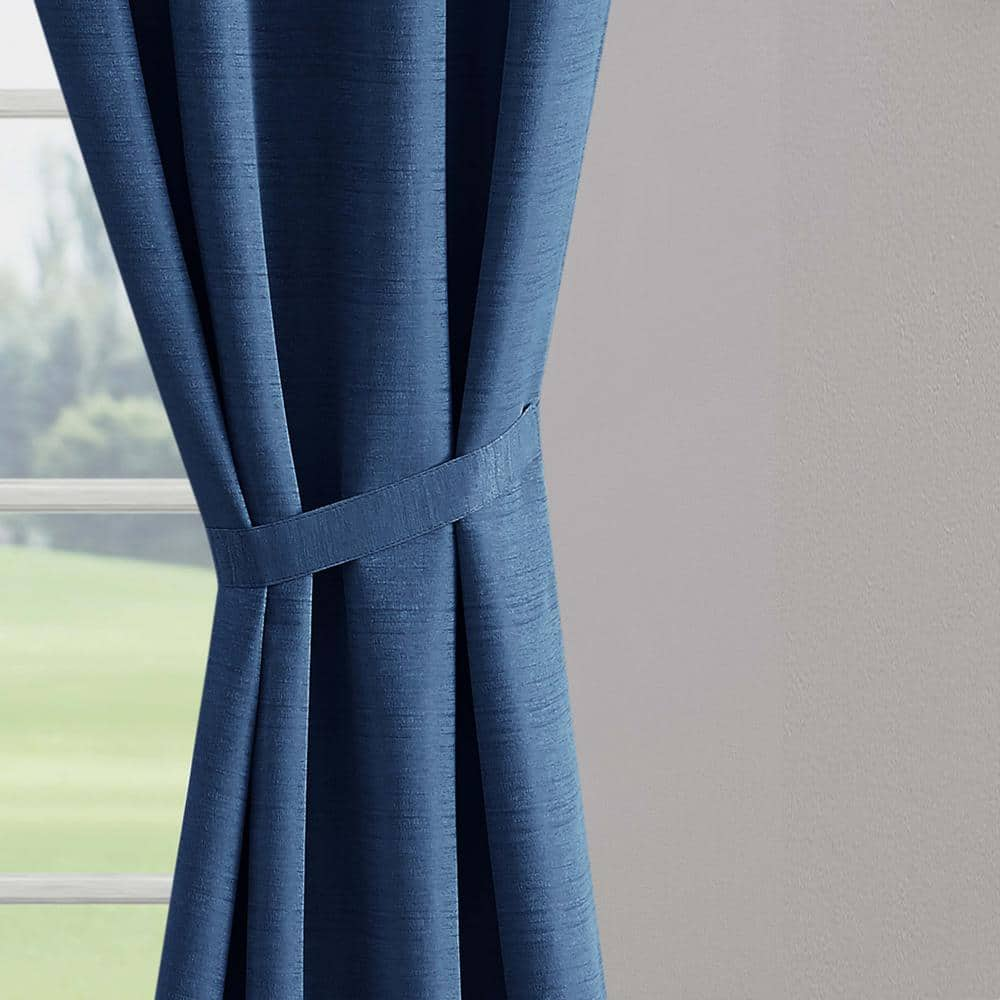 Tobie Navy Jacquard Polyester 38 in. W x 84 in. L Back Tab Blackout Curtain (2-Panels with 2-Tiebacks)