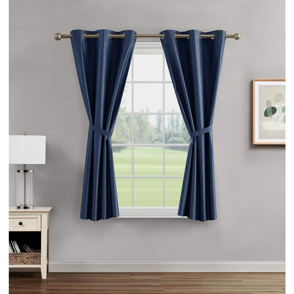 Brea Navy 38 in. W x 63 in. L Grommet Blackout Tiebacks Curtain (2-Panels and 2-Tiebacks)